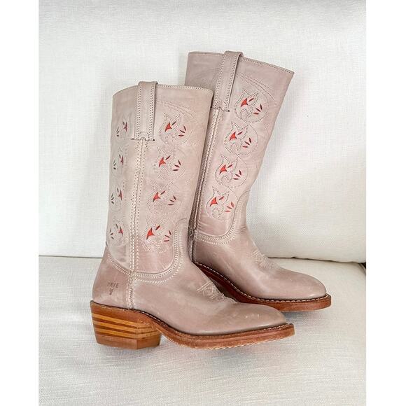 **SOLD** Pink Austin Cut Out Cowboy Western Campus Leather Mid Boots 6.5 - Picture 2 of 13